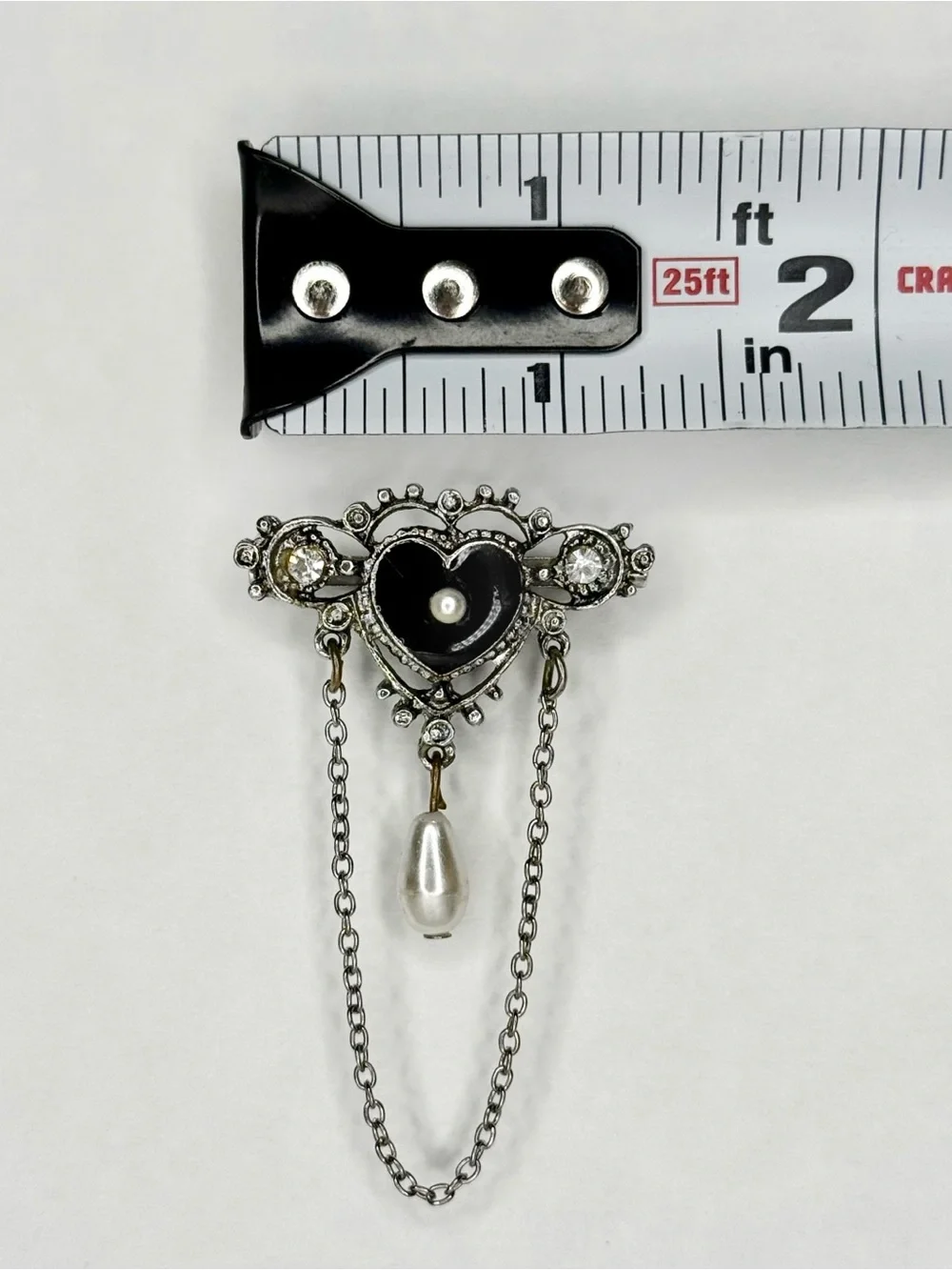 Vintage Signed Florenza Victorian Revival Mourning Heart Brooch Black Enamel
